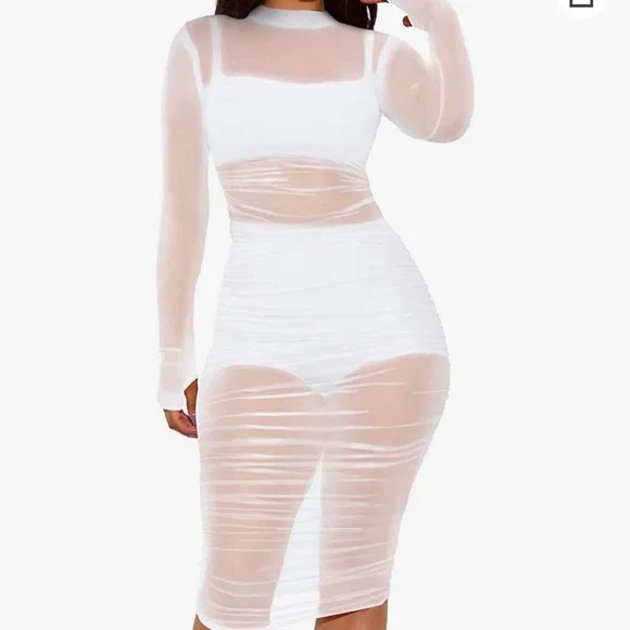 princess polly baby blue dress Swim | Nwot Long Sleeve Bodycon Dress Sexy See Through Sheer Mesh Cover Up  Size Med